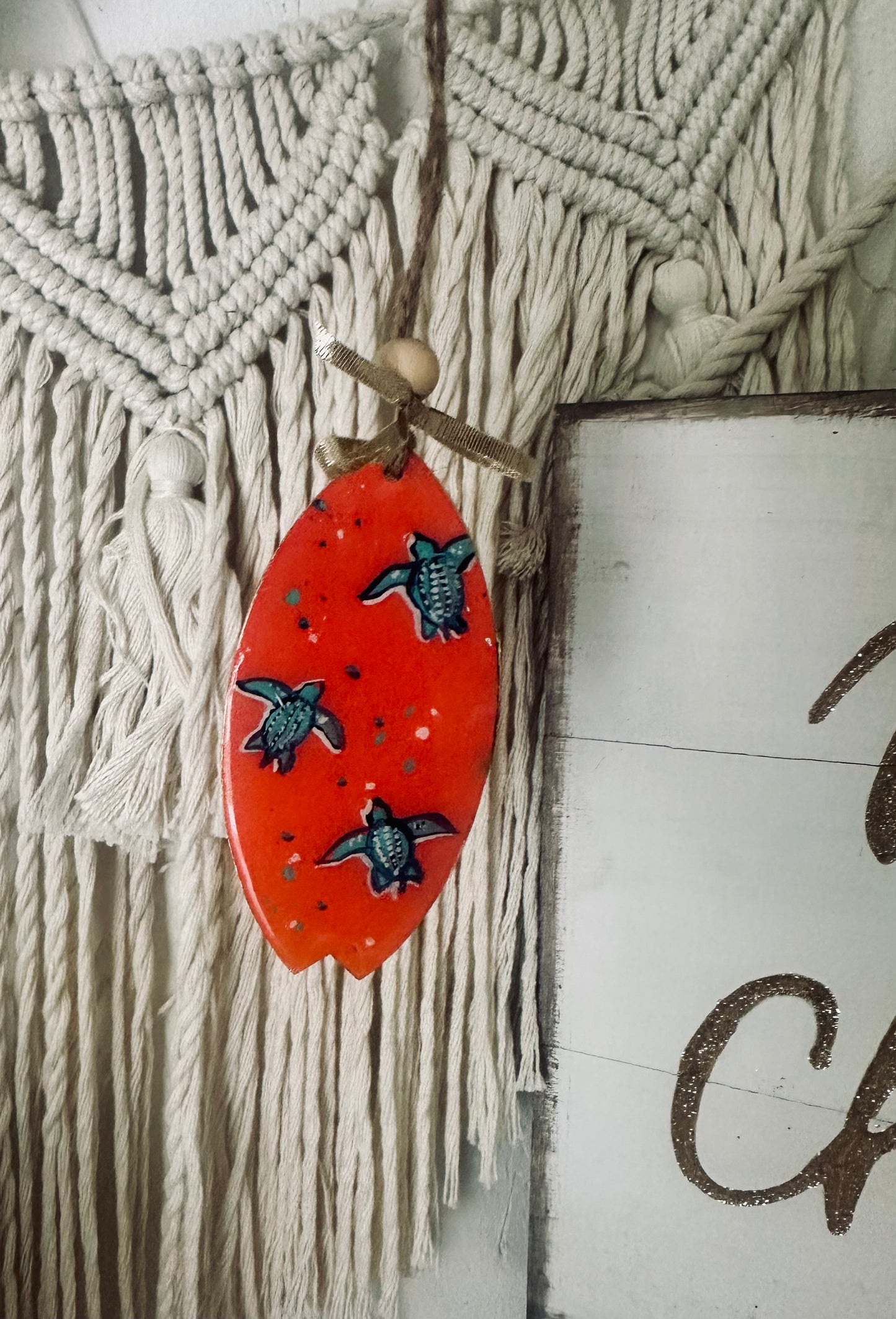 Surfboard Ornament- Coral Leatherback hatchling