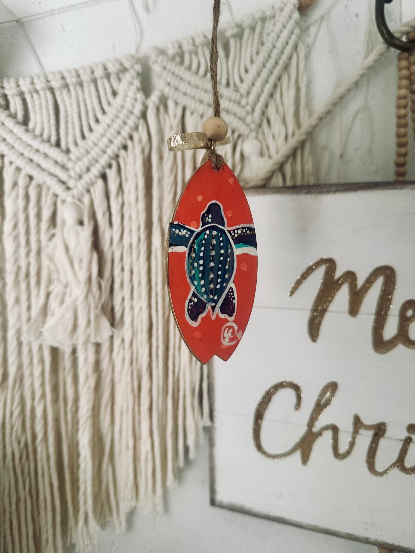 Surfboard Ornament- Coral Leatherback hatchling