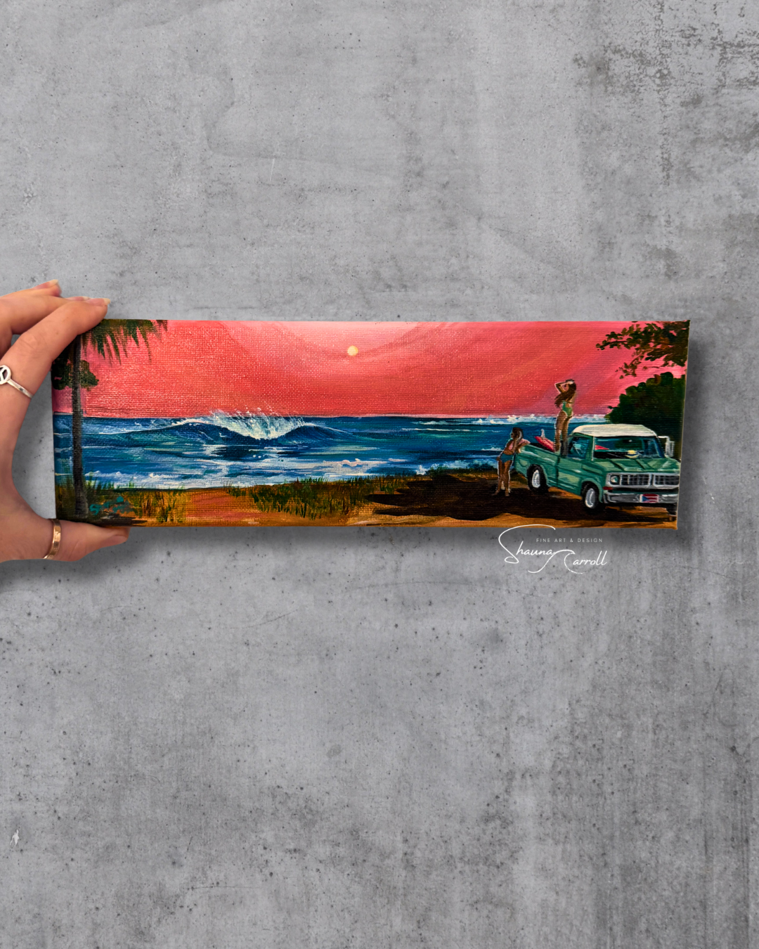 Bring home a slice of Caribbean surf culture with this one-of-a-kind original mini painting inspired by the magic of Maria’s Beach in Rincon. Featuring two female surfers checking the break in front of a coral tropical sunset. 